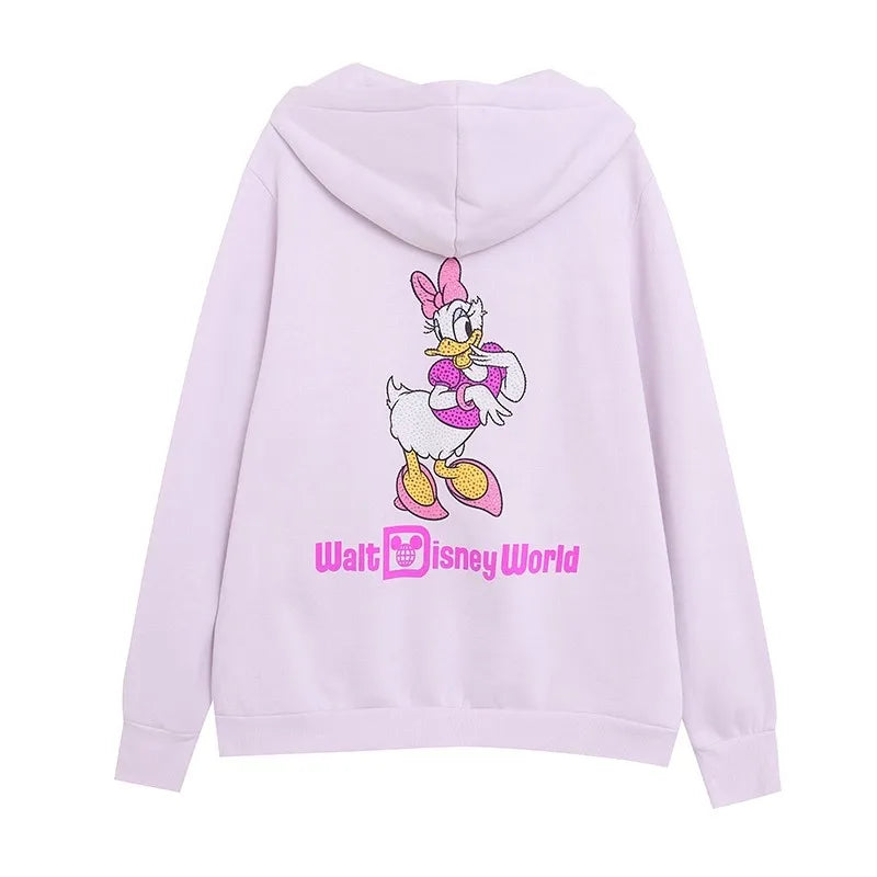 Donald Duck Letter Diamonds Fleece Sweatshirt Jacket Unisex Women Hooded Zip Up Jumper Tops