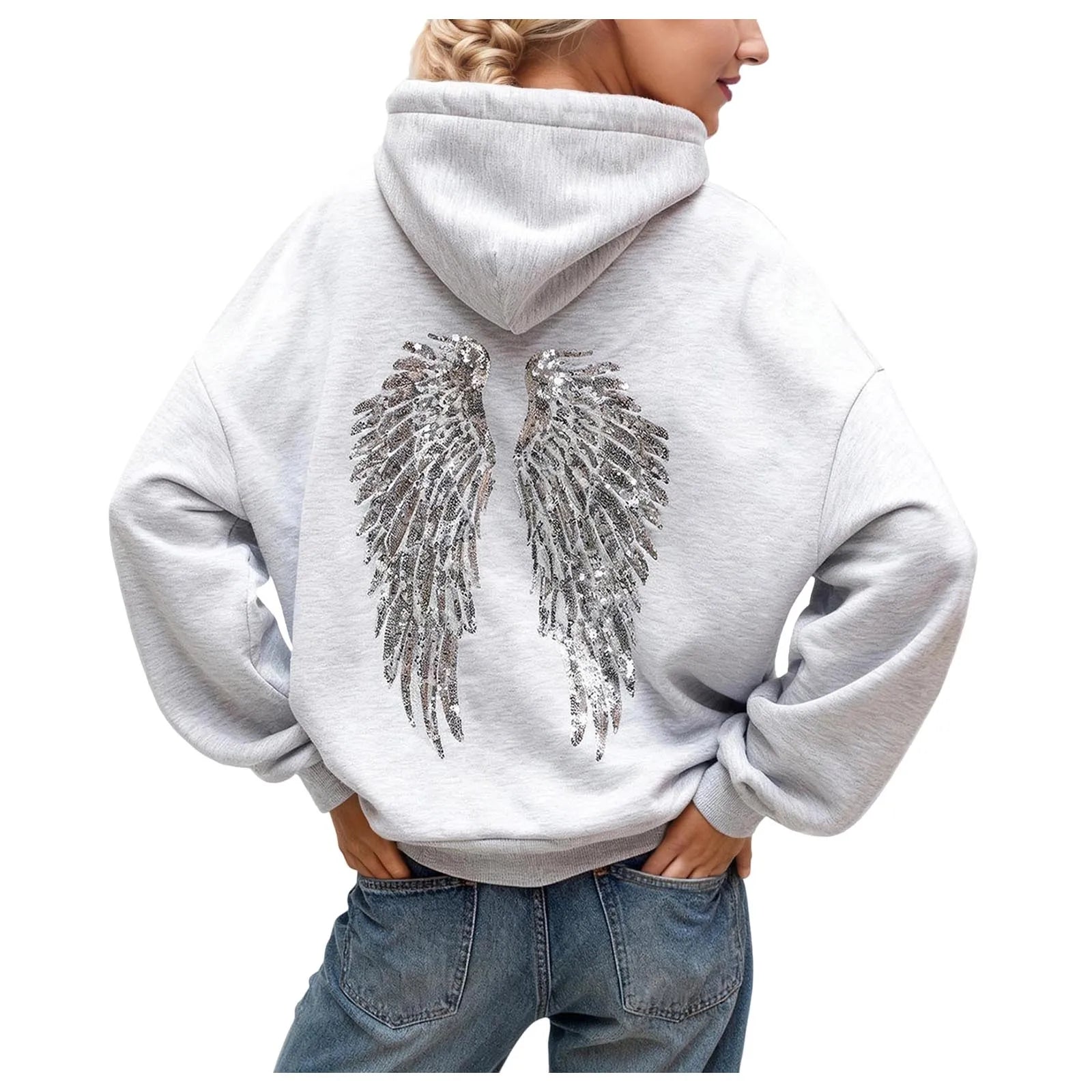 Glitter Angel Wings Printed Hoodies Women Streetwear Loose Long Sleeve White Pullover Fashion Y2k Harajuku Casual Sweatshirts
