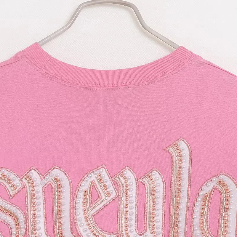 Cartoon Print Embroidery Flares Pearl Pink Sweatshirt Sweet Women Long Sleeve Loose Jumper Tops Female