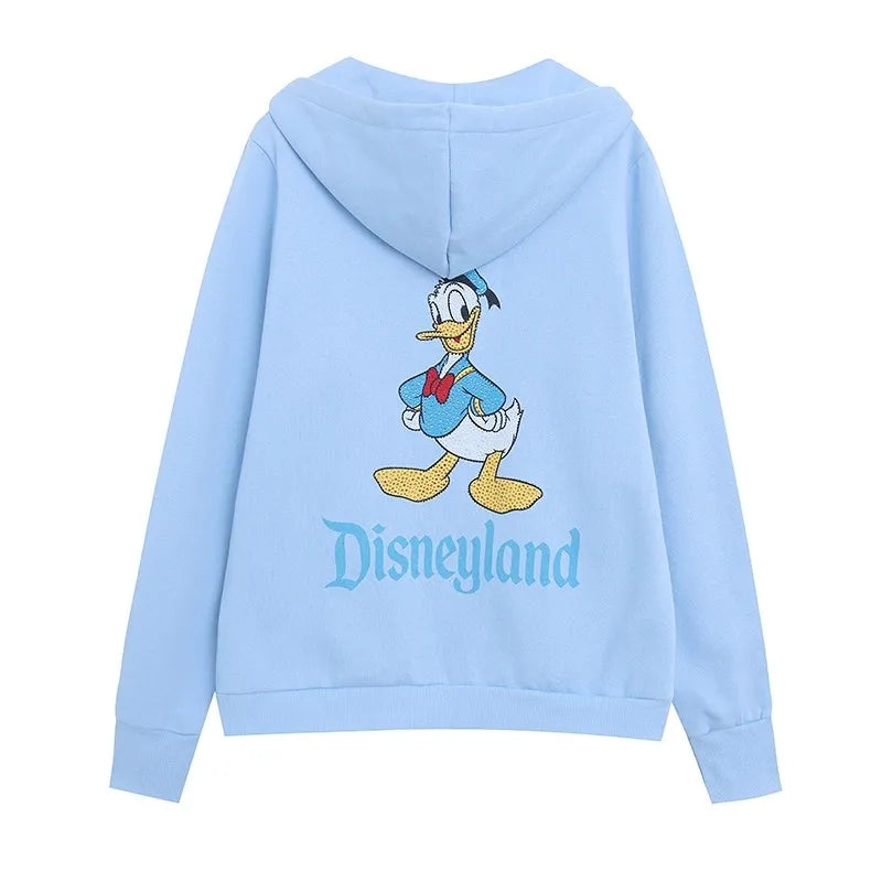 Donald Duck Letter Diamonds Fleece Sweatshirt Jacket Unisex Women Hooded Zip Up Jumper Tops