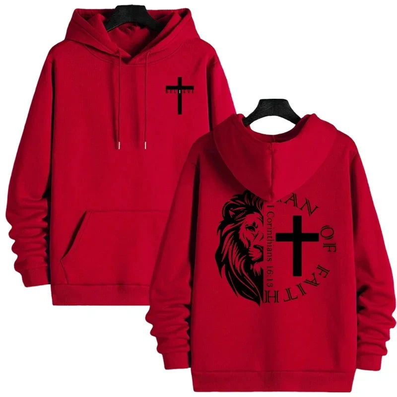 Hoodies 2026 Fall Winter Hooded Long Sleeve Sweatshirts Man Of Faith Lion Print Hoody Outerwear
