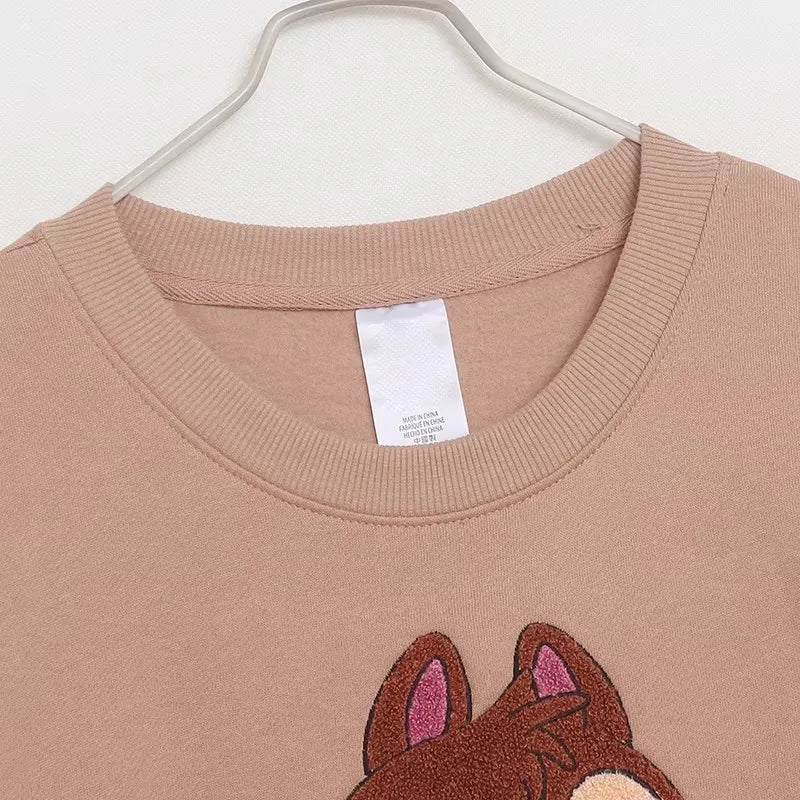 Mouse Chip An' Dale Cartoon Print Embroidery Fleece Sweatshirt New Women O-Neck Pullover Jumper Tops
