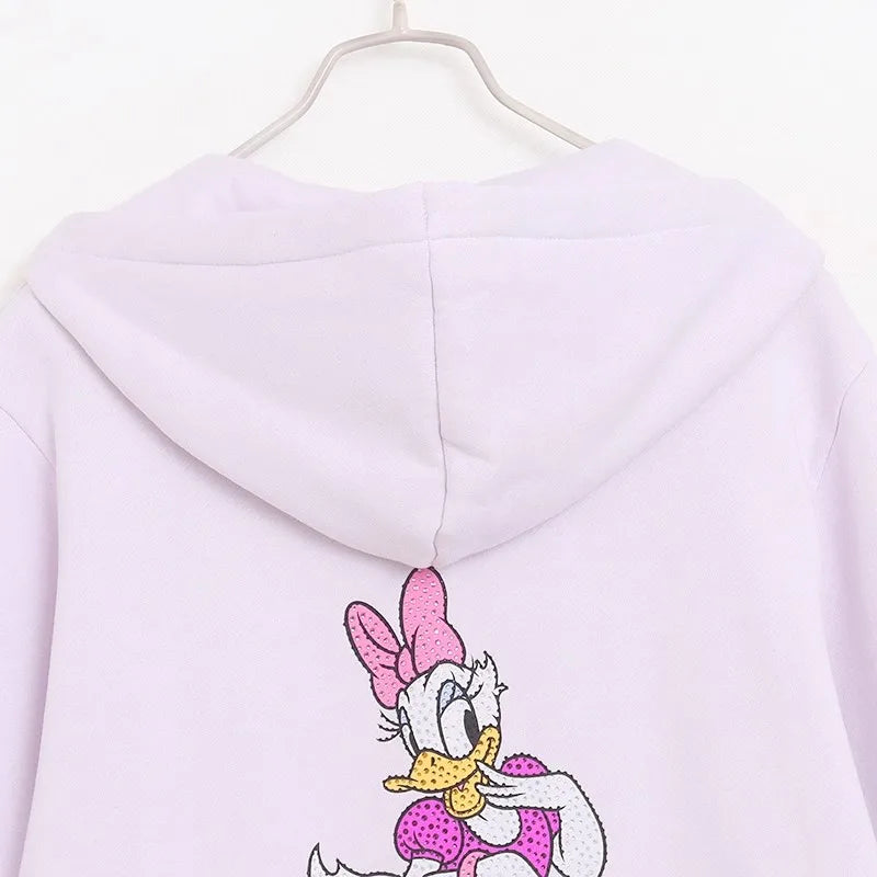 Donald Duck Letter Diamonds Fleece Sweatshirt Jacket Unisex Women Hooded Zip Up Jumper Tops