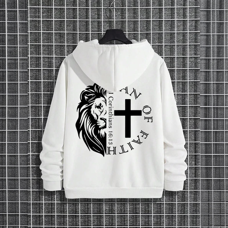 Hoodies 2026 Fall Winter Hooded Long Sleeve Sweatshirts Man Of Faith Lion Print Hoody Outerwear