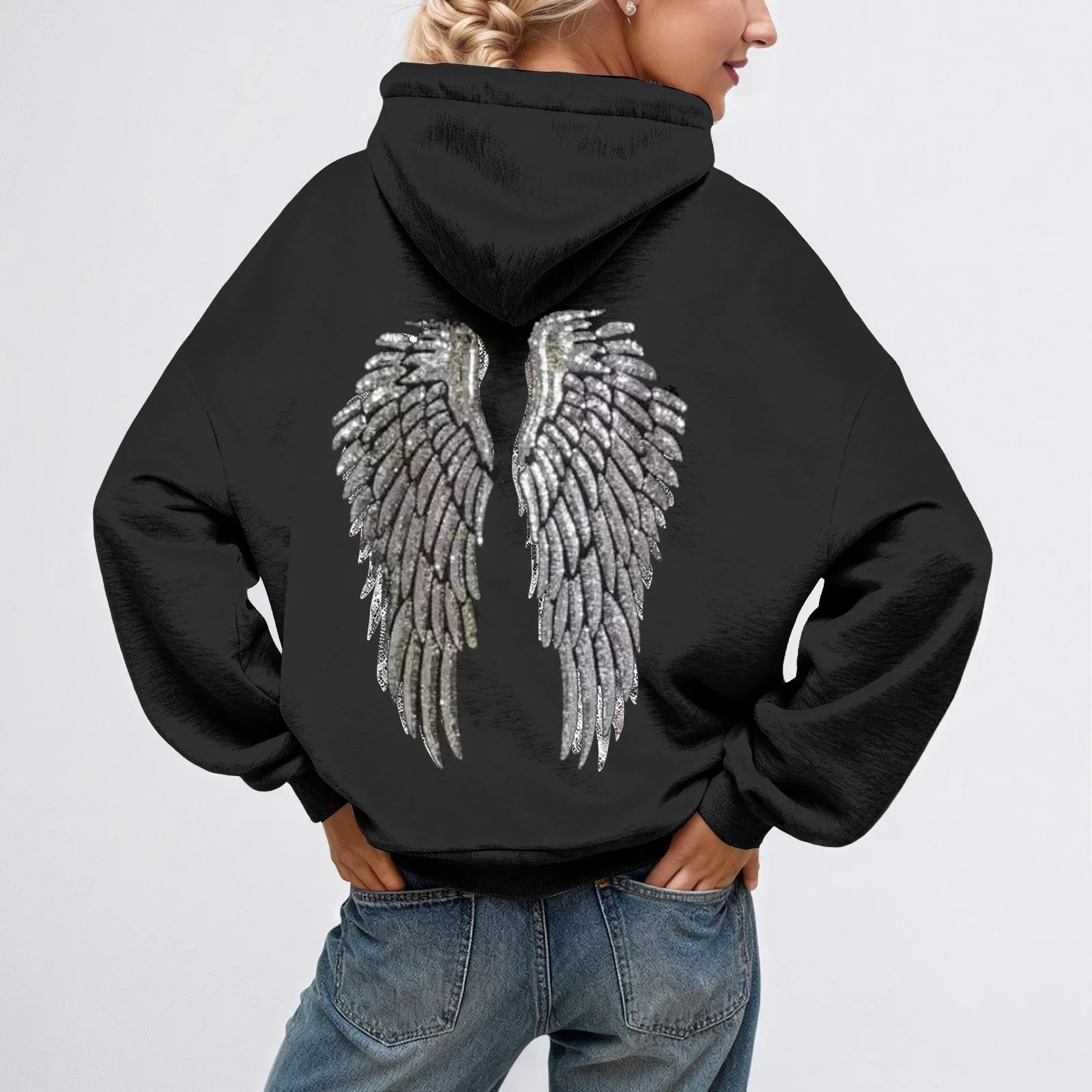 Glitter Angel Wings Printed Hoodies Women Streetwear Loose Long Sleeve White Pullover Fashion Y2k Harajuku Casual Sweatshirts