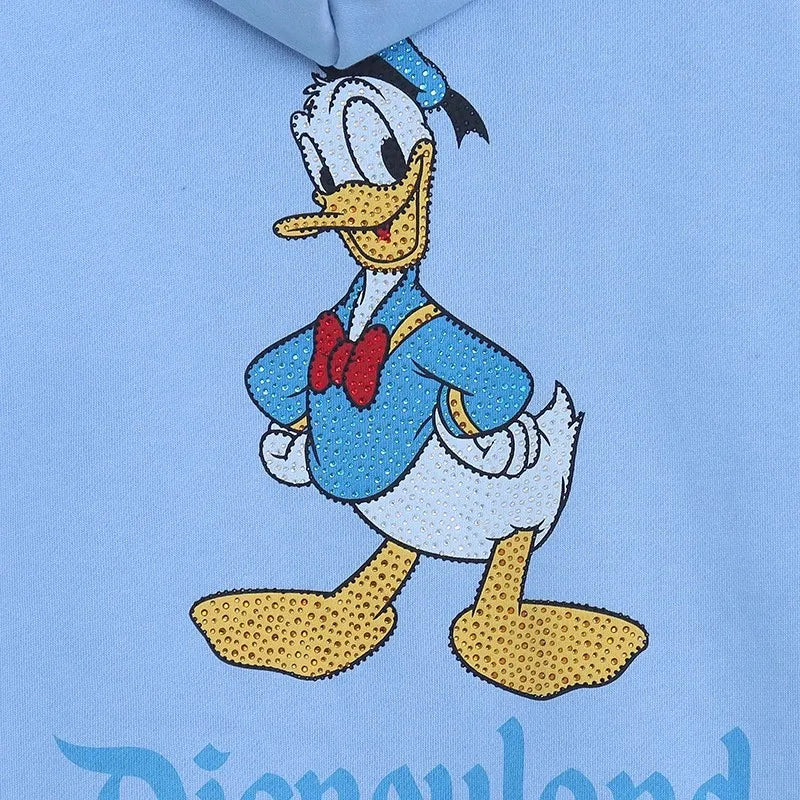 Donald Duck Letter Diamonds Fleece Sweatshirt Jacket Unisex Women Hooded Zip Up Jumper Tops