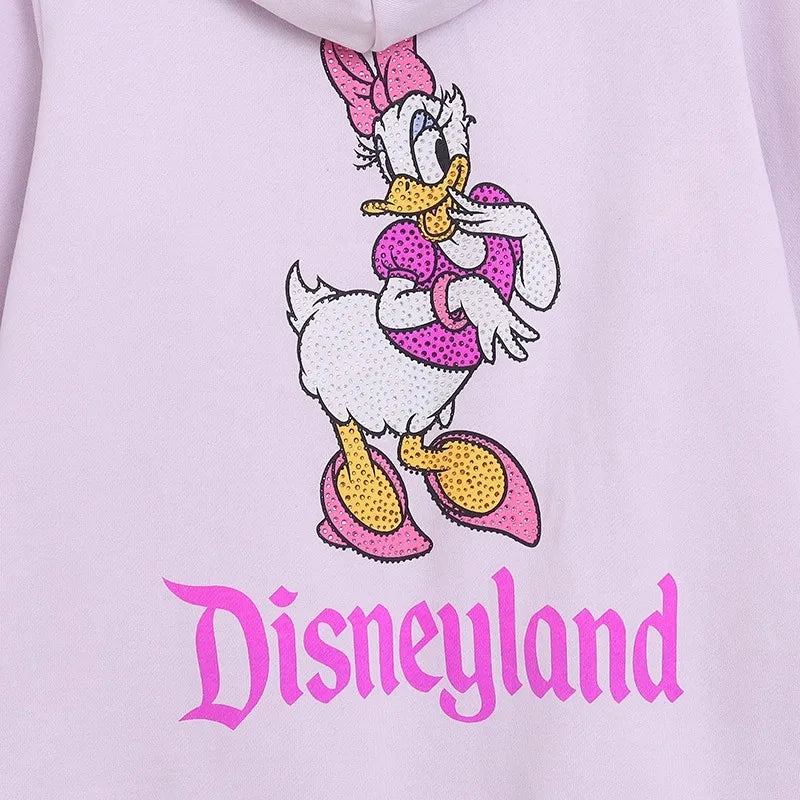 Donald Duck Letter Diamonds Fleece Sweatshirt Jacket Unisex Women Hooded Zip Up Jumper Tops