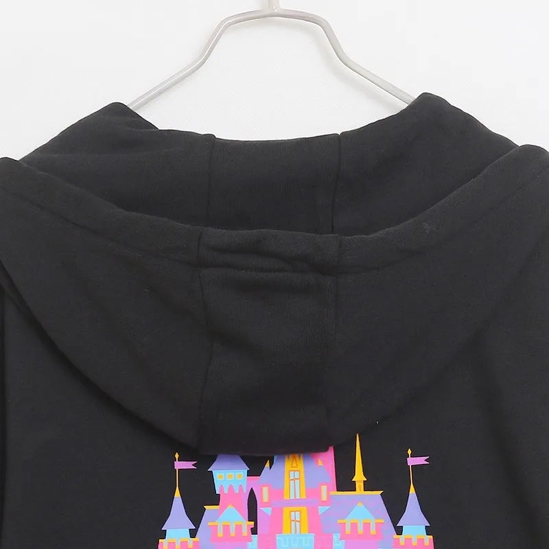 70th Anniversary Castle Mickey Mouse Family Letter Embroidery Fleece Sweatshirt Unisex Women Hooded Zipper Jumper Top