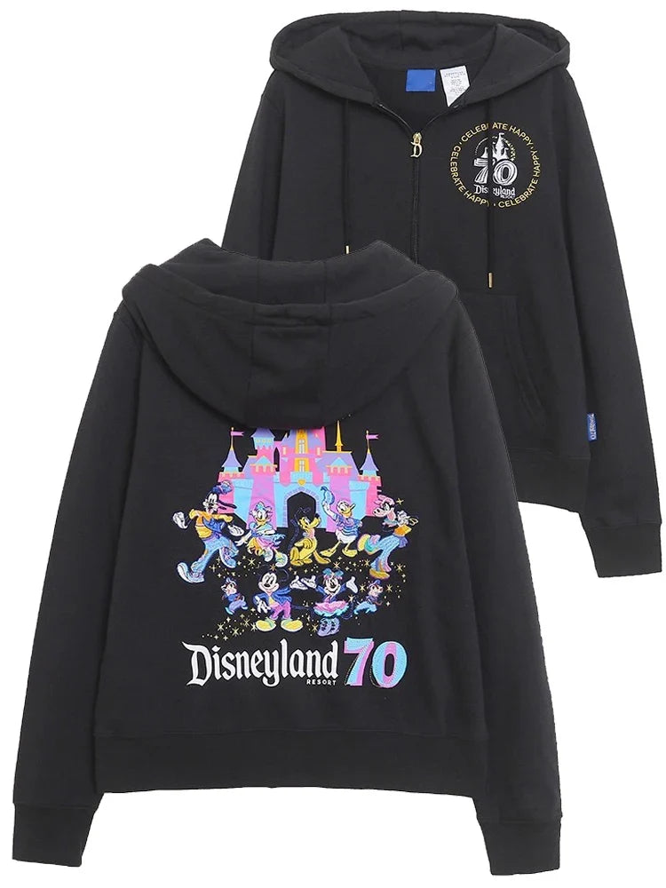 70th Anniversary Castle Mickey Mouse Family Letter Embroidery Fleece Sweatshirt Unisex Women Hooded Zipper Jumper Top