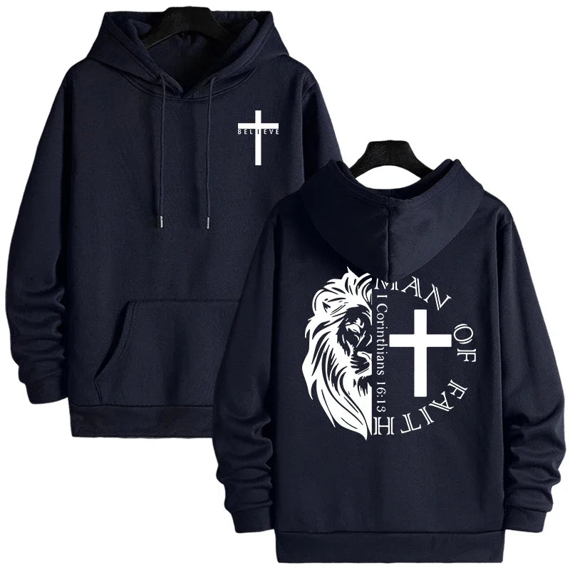 Hoodies 2026 Fall Winter Hooded Long Sleeve Sweatshirts Man Of Faith Lion Print Hoody Outerwear