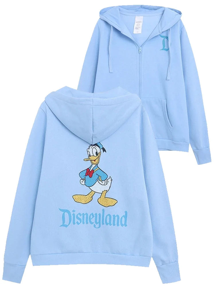 Donald Duck Letter Diamonds Fleece Sweatshirt Jacket Unisex Women Hooded Zip Up Jumper Tops