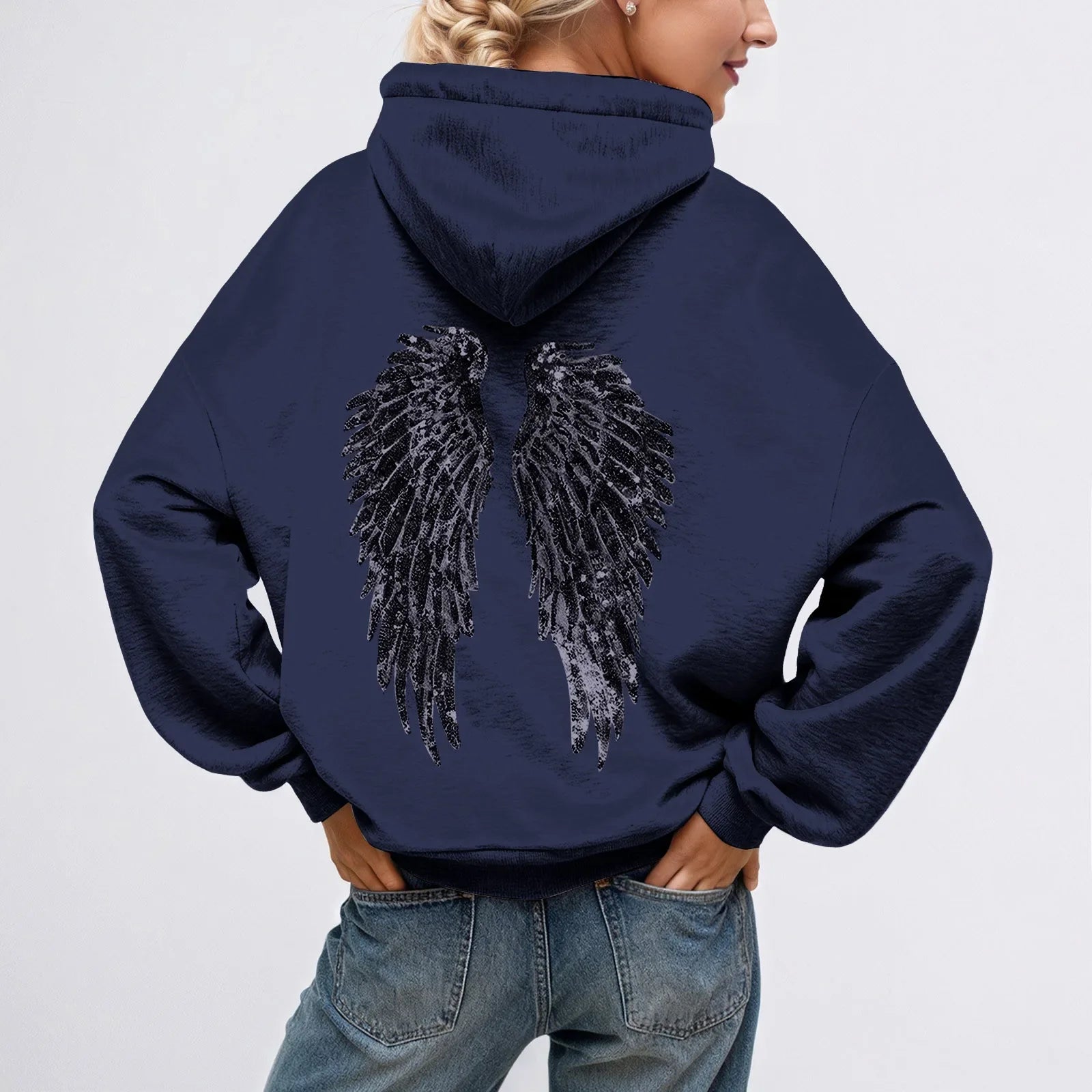 Glitter Angel Wings Printed Hoodies Women Streetwear Loose Long Sleeve White Pullover Fashion Y2k Harajuku Casual Sweatshirts
