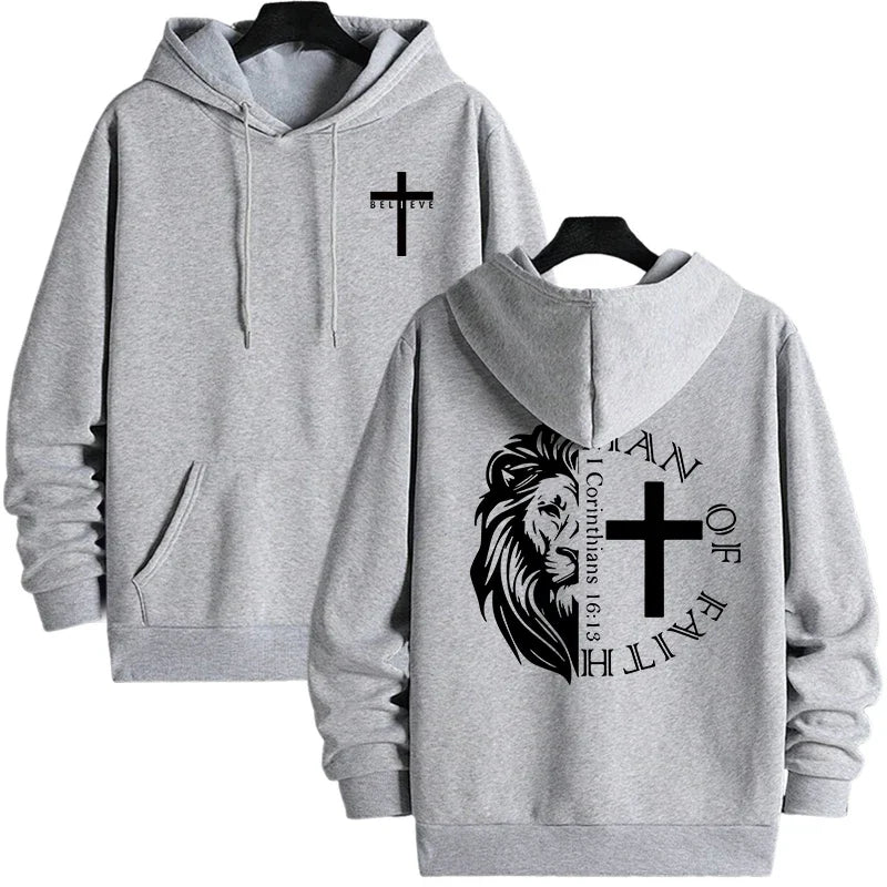 Hoodies 2026 Fall Winter Hooded Long Sleeve Sweatshirts Man Of Faith Lion Print Hoody Outerwear