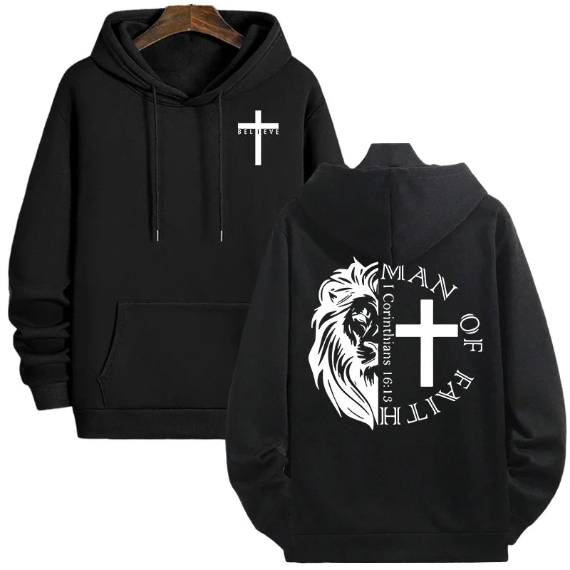 Hoodies 2026 Fall Winter Hooded Long Sleeve Sweatshirts Man Of Faith Lion Print Hoody Outerwear