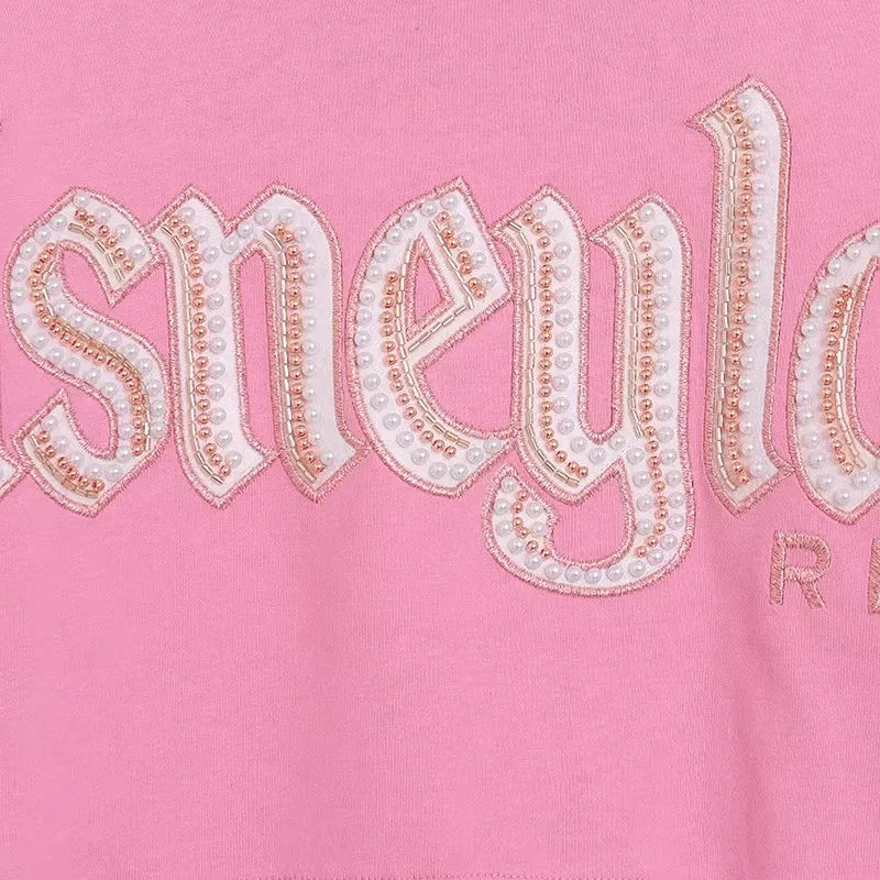 Cartoon Print Embroidery Flares Pearl Pink Sweatshirt Sweet Women Long Sleeve Loose Jumper Tops Female