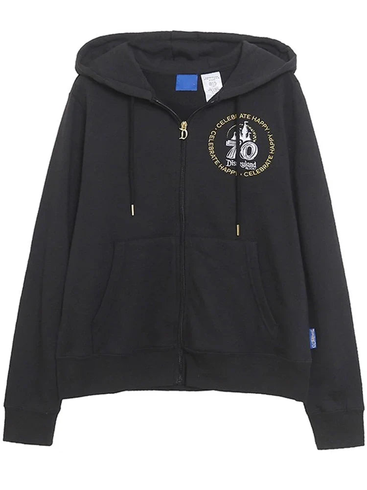 70th Anniversary Castle Mickey Mouse Family Letter Embroidery Fleece Sweatshirt Unisex Women Hooded Zipper Jumper Top