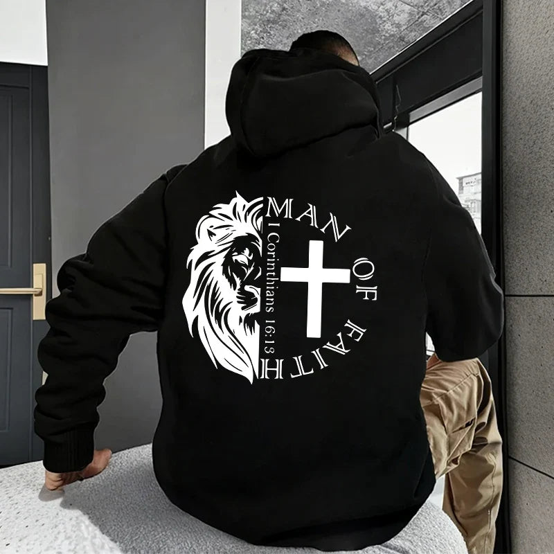 Hoodies 2026 Fall Winter Hooded Long Sleeve Sweatshirts Man Of Faith Lion Print Hoody Outerwear