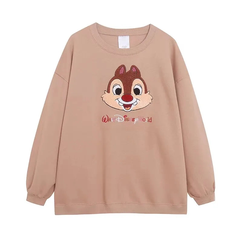 Mouse Chip An' Dale Cartoon Print Embroidery Fleece Sweatshirt New Women O-Neck Pullover Jumper Tops