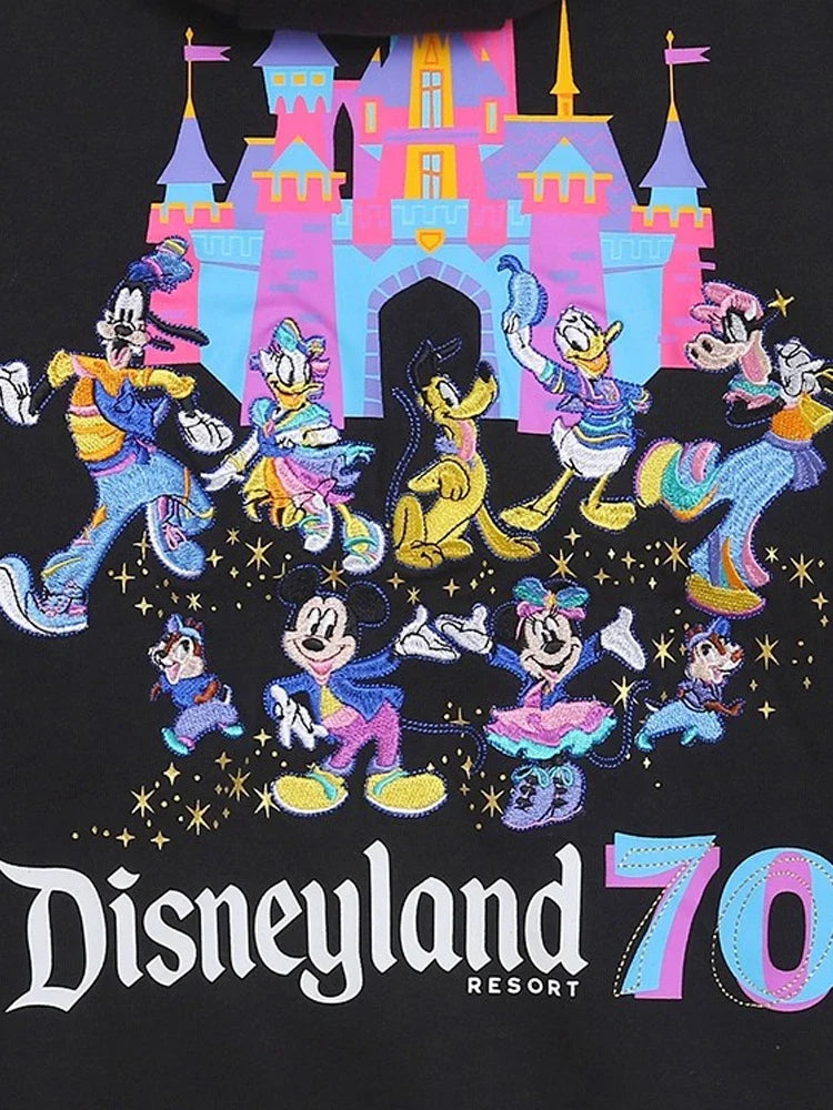 70th Anniversary Castle Mickey Mouse Family Letter Embroidery Fleece Sweatshirt Unisex Women Hooded Zipper Jumper Top