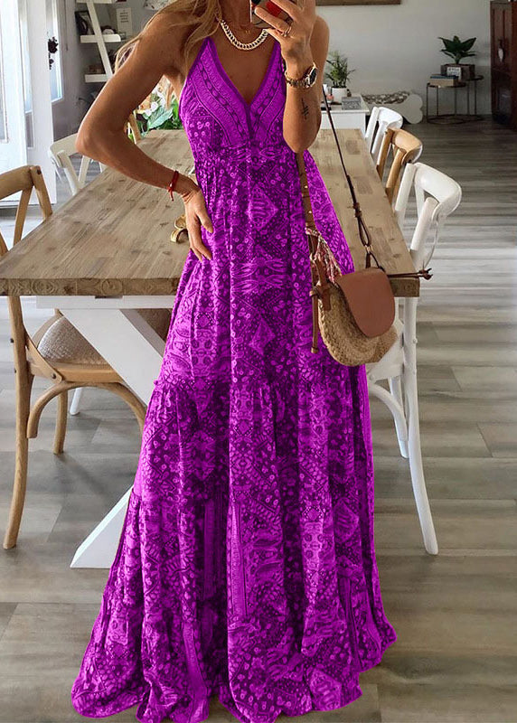 V Strap Dress Long Green Holiday Neck Spaghetti Sexy Print