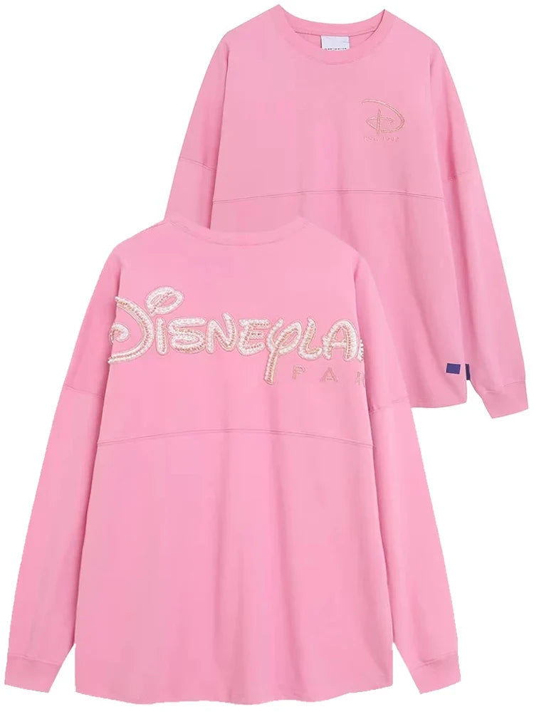 Cartoon Print Embroidery Flares Pearl Pink Sweatshirt Sweet Women Long Sleeve Loose Jumper Tops Female