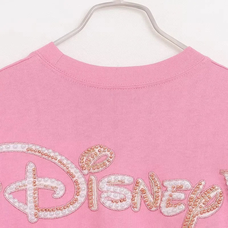 Cartoon Print Embroidery Flares Pearl Pink Sweatshirt Sweet Women Long Sleeve Loose Jumper Tops Female