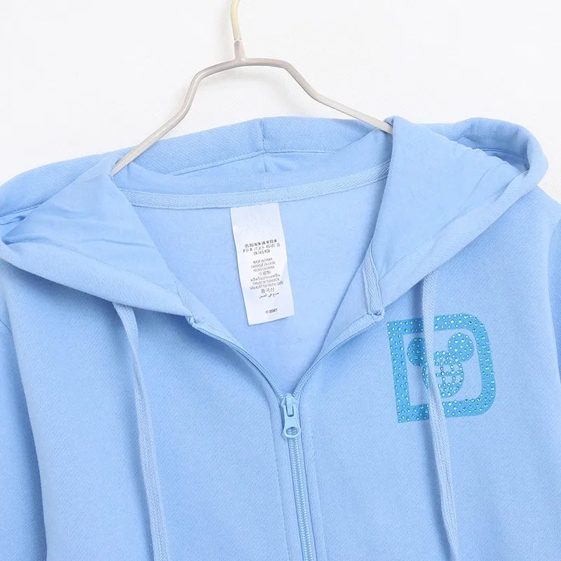 Donald Duck Letter Diamonds Fleece Sweatshirt Jacket Unisex Women Hooded Zip Up Jumper Tops