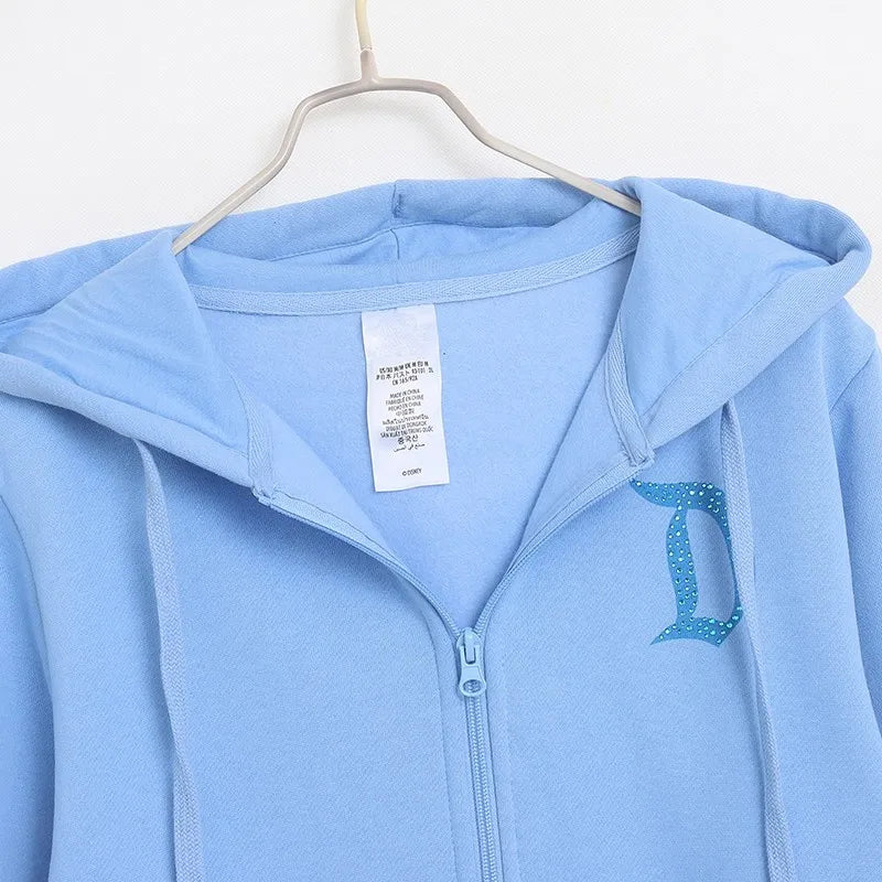 Donald Duck Letter Diamonds Fleece Sweatshirt Jacket Unisex Women Hooded Zip Up Jumper Tops