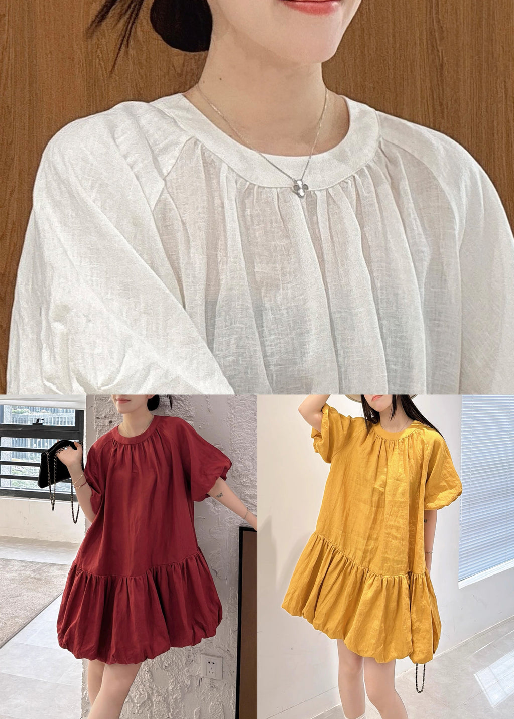 Button Solid Wine O Linen Puff Sleeve Dresses Neck Back Red