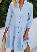 Plaid Mid Blue Button Fall Collar Dress Stand Women Shirts