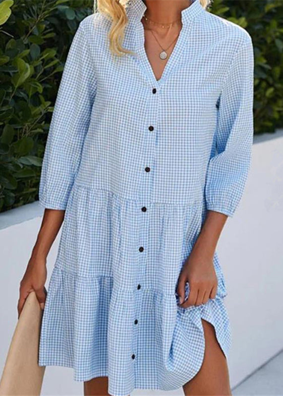 Plaid Mid Blue Button Fall Collar Dress Stand Women Shirts