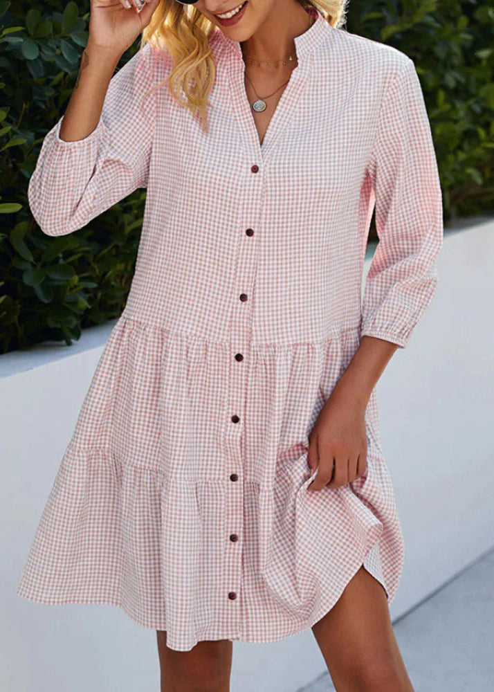 Plaid Mid Blue Button Fall Collar Dress Stand Women Shirts