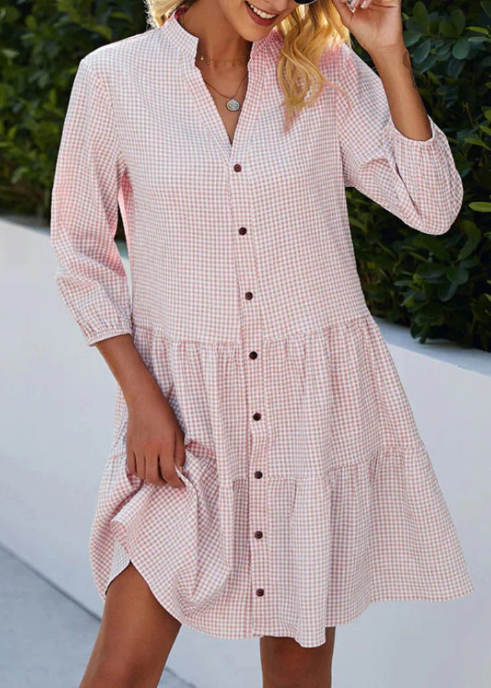 Plaid Mid Blue Button Fall Collar Dress Stand Women Shirts