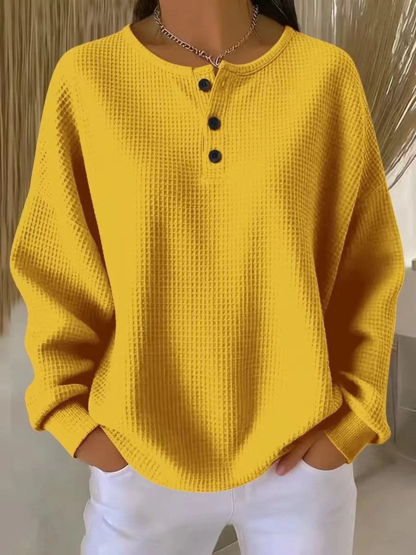 Full Size Waffle Knit Button Detail Top Plus Size