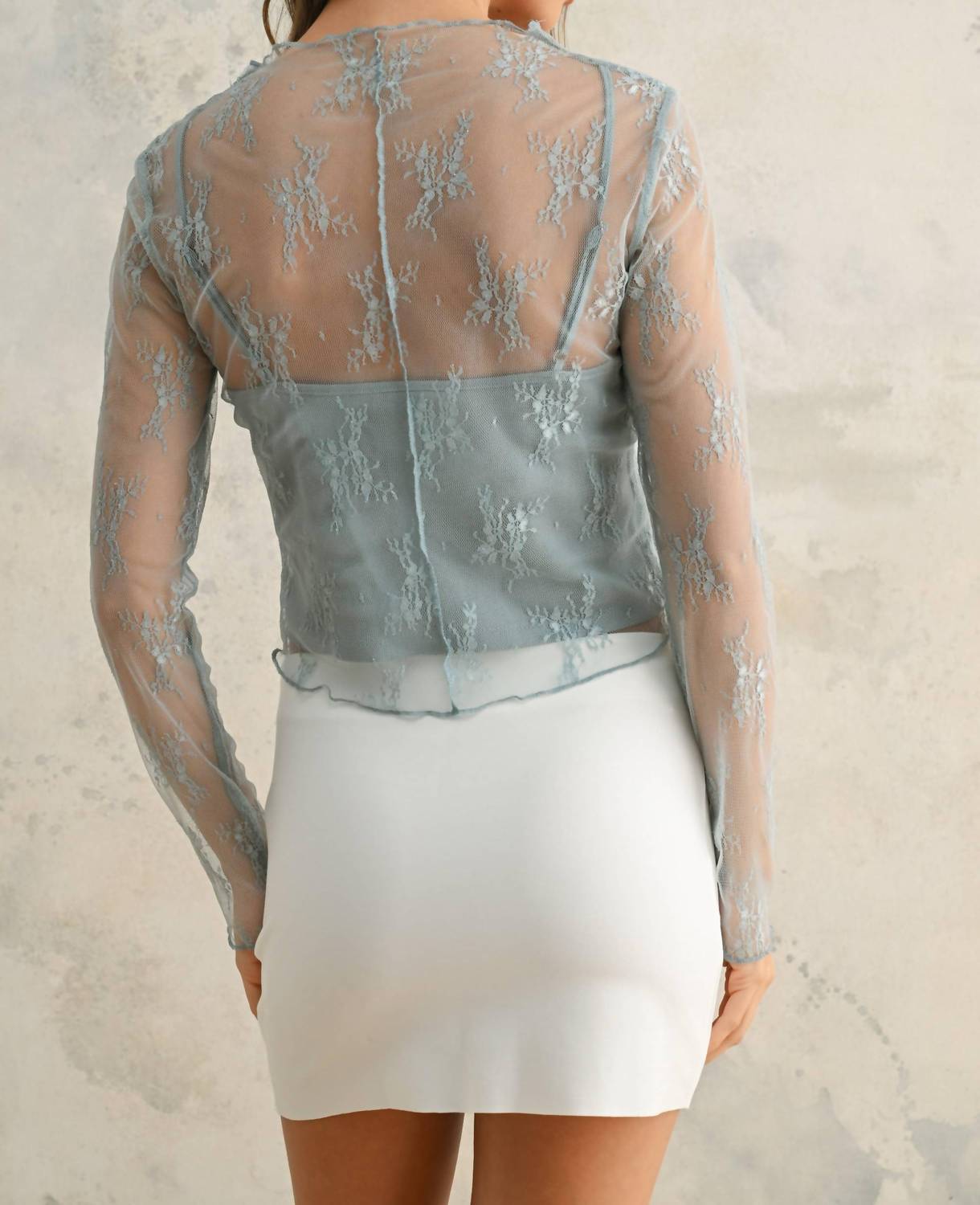 Miou Muse - Long Sleeve Lace Fabric Top