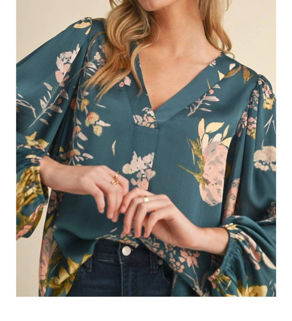Jodifl - Satin Floral Print Blouse With Bubble Sleeves