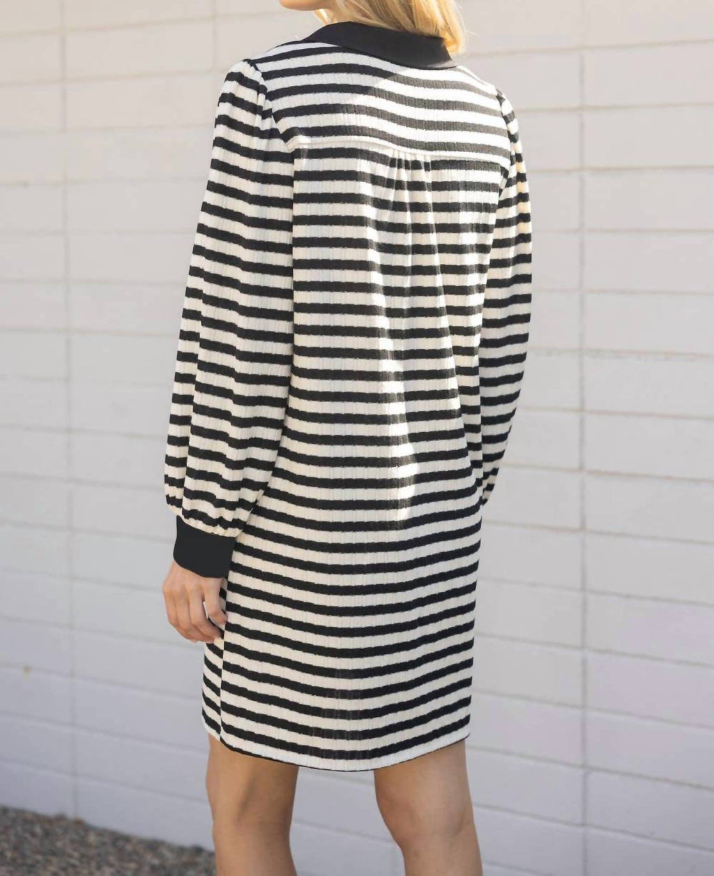 Voy - Kristy Collared Long Sleeve Striped Knit Dress
