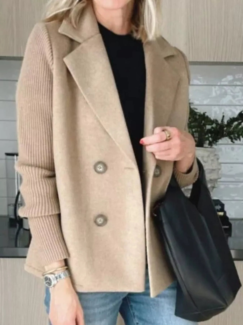 Full Size Knitted Sleeve Wool Blend Double-Breasted Blazer Plus Size