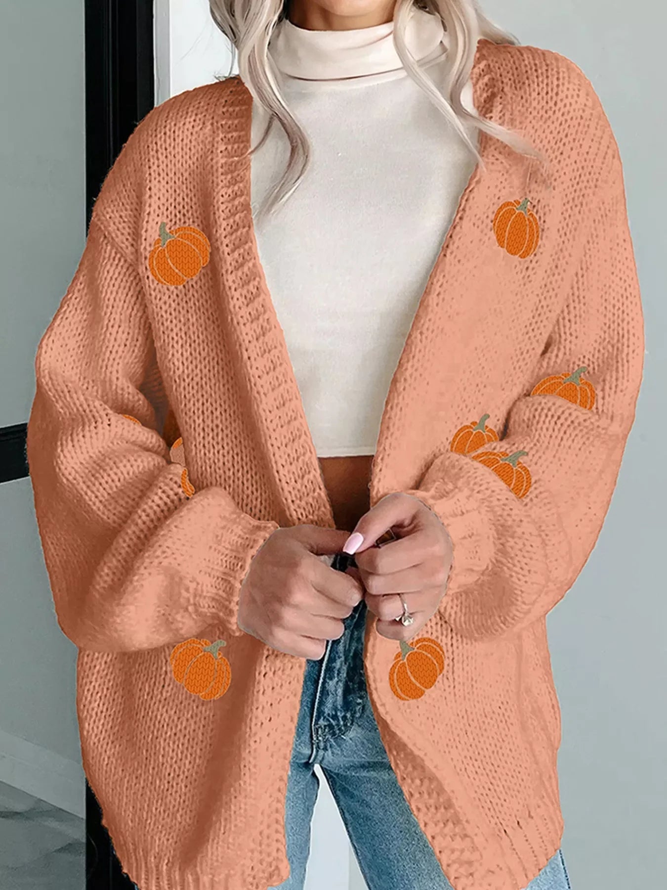 Pumpkin Tree Print Open Front Drop Shoulder Midi Cardigan