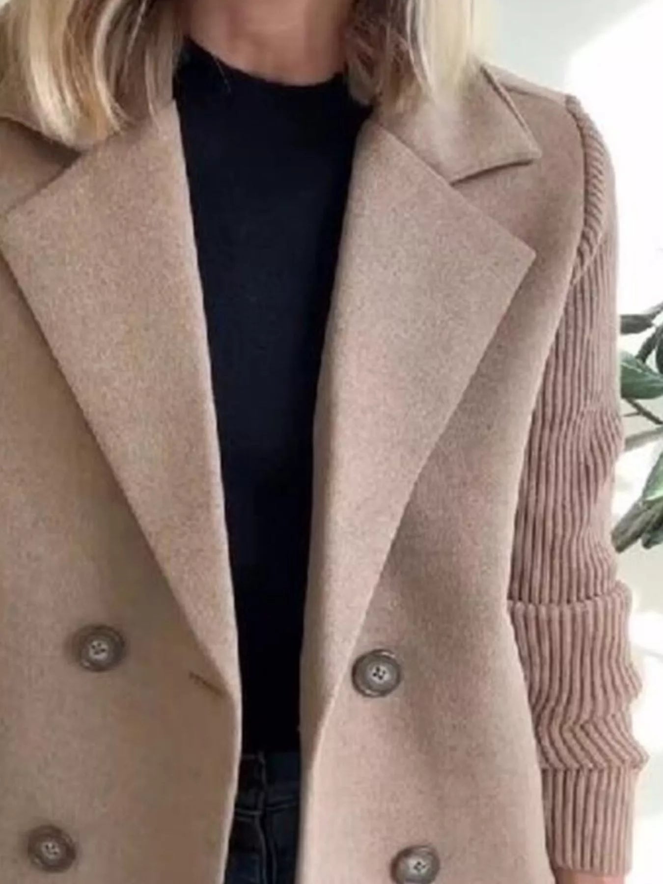 Full Size Knitted Sleeve Wool Blend Double-Breasted Blazer Plus Size