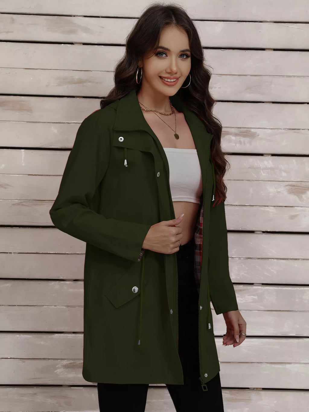 Drawstring Snap-Down Trench Coat