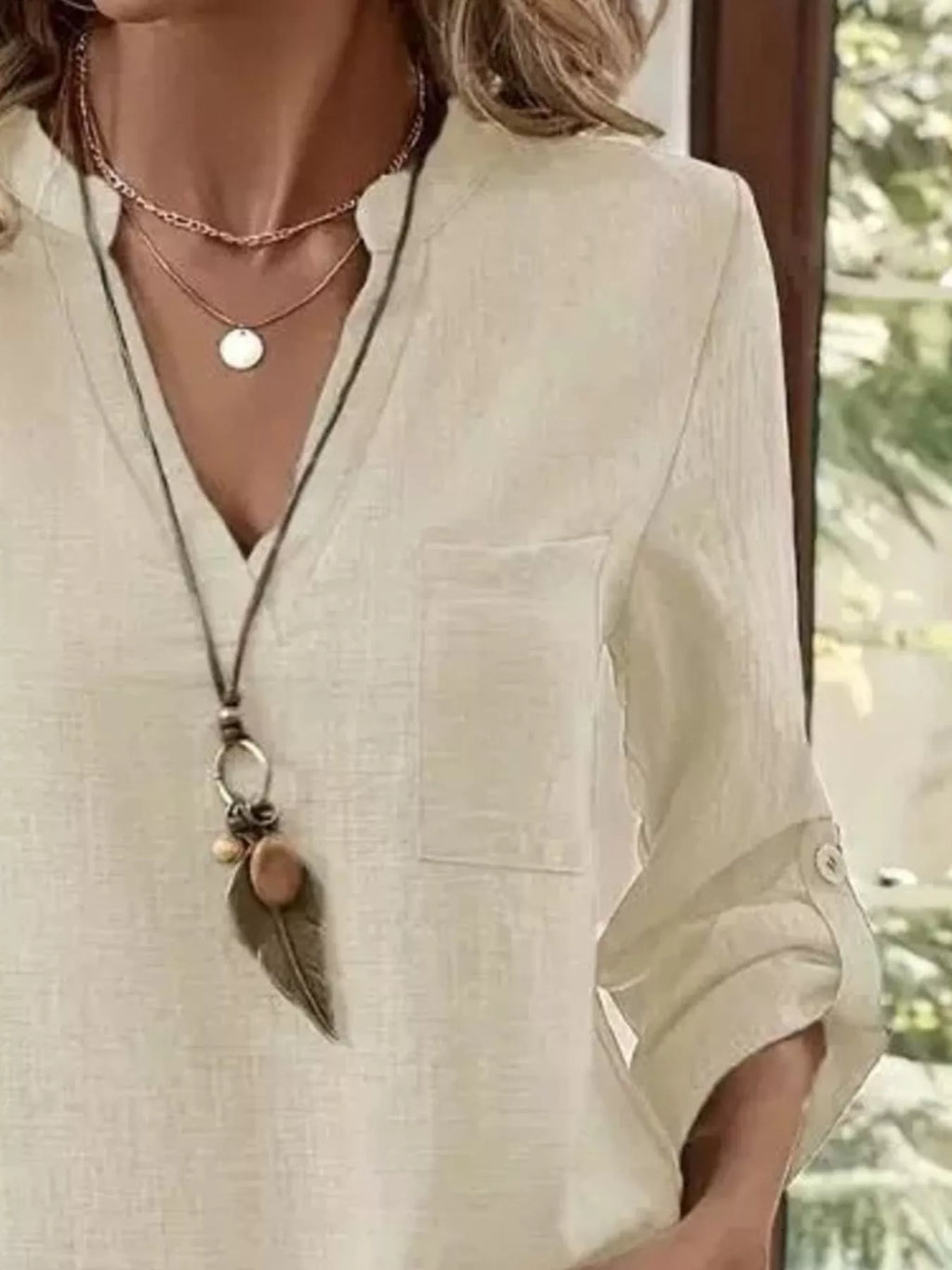 Roll-Up Sleeve Notched Blouse
