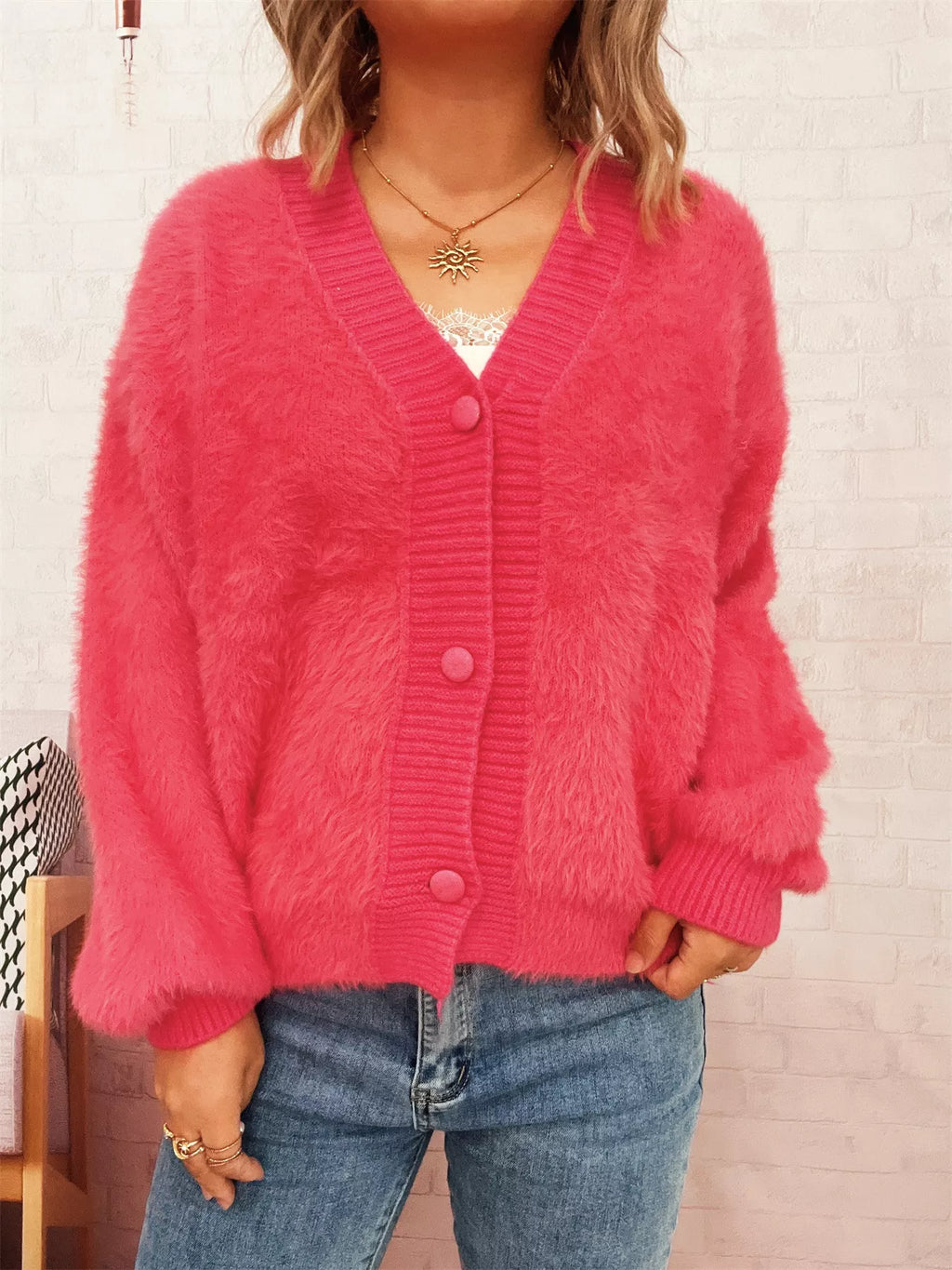 Fuzzy Button-Up Long Sleeve Cardigan