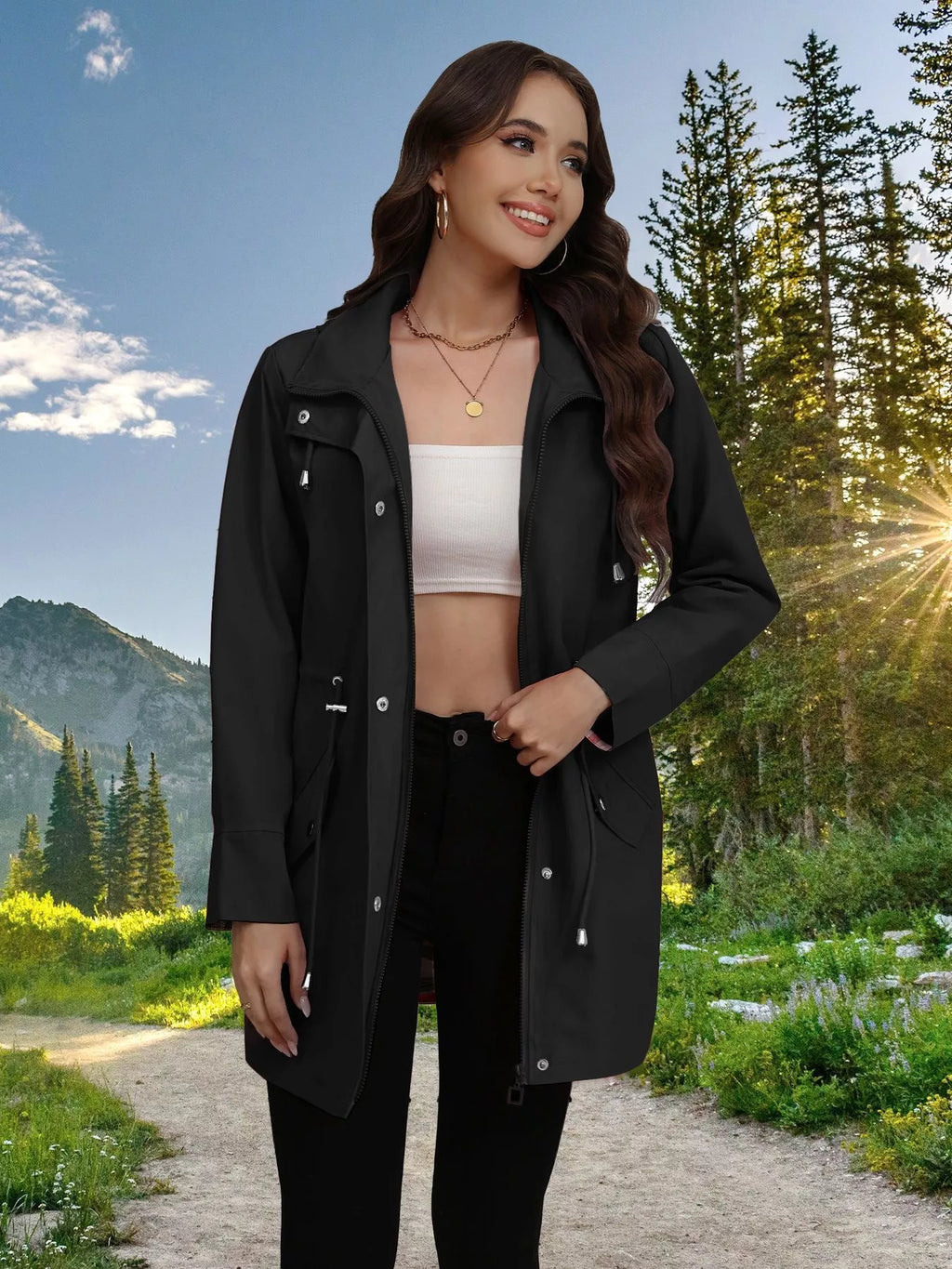Drawstring Snap-Down Trench Coat