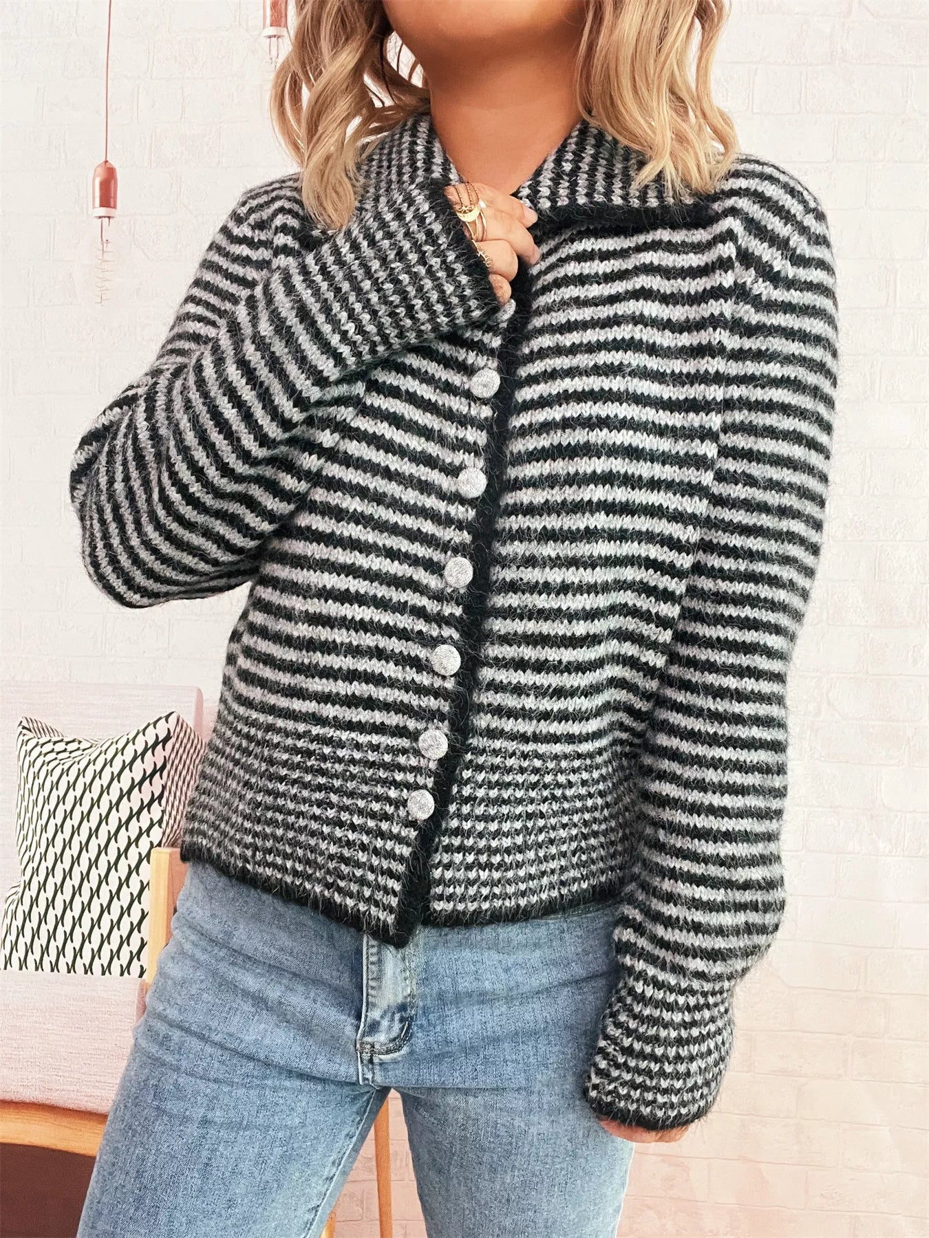 Striped Button-Up Long Sleeve Cardigan