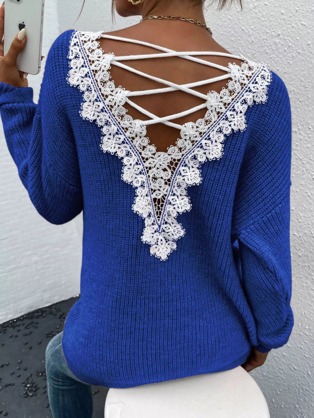 Lace-Trimmed Back V-Neck Sweater