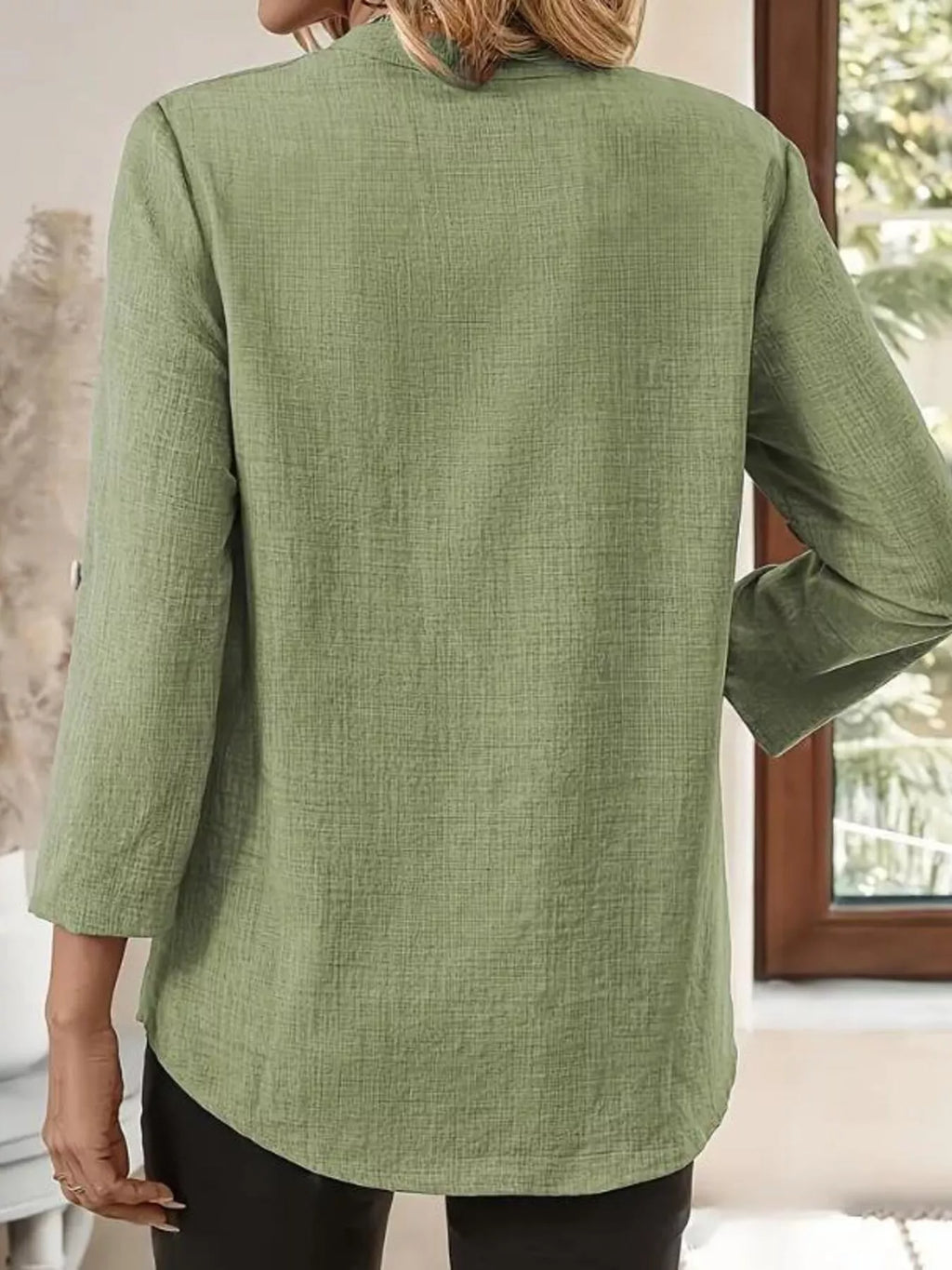 Roll-Up Sleeve Notched Blouse