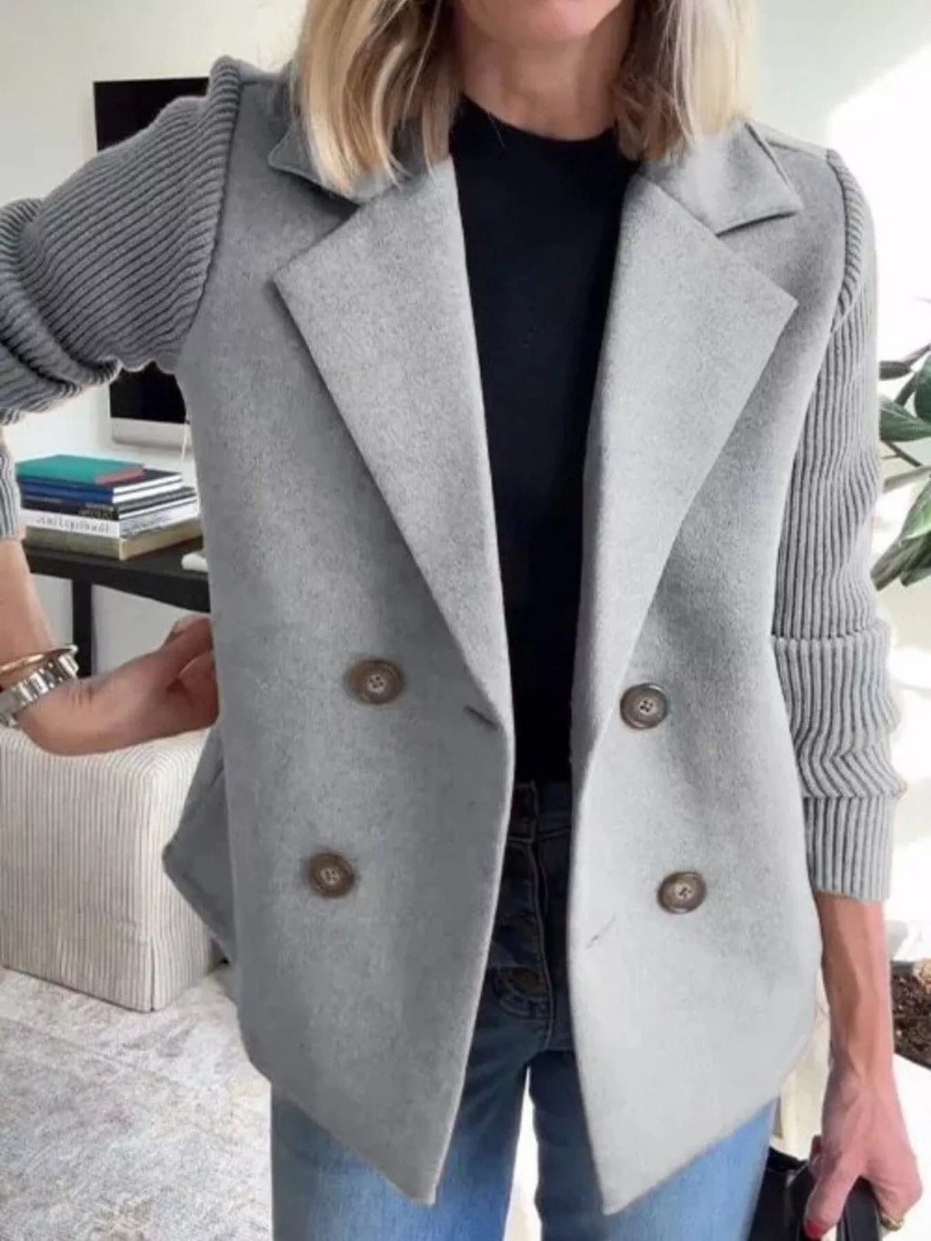 Full Size Knit Sleeve Double-Breasted Outerwear Plus Size
