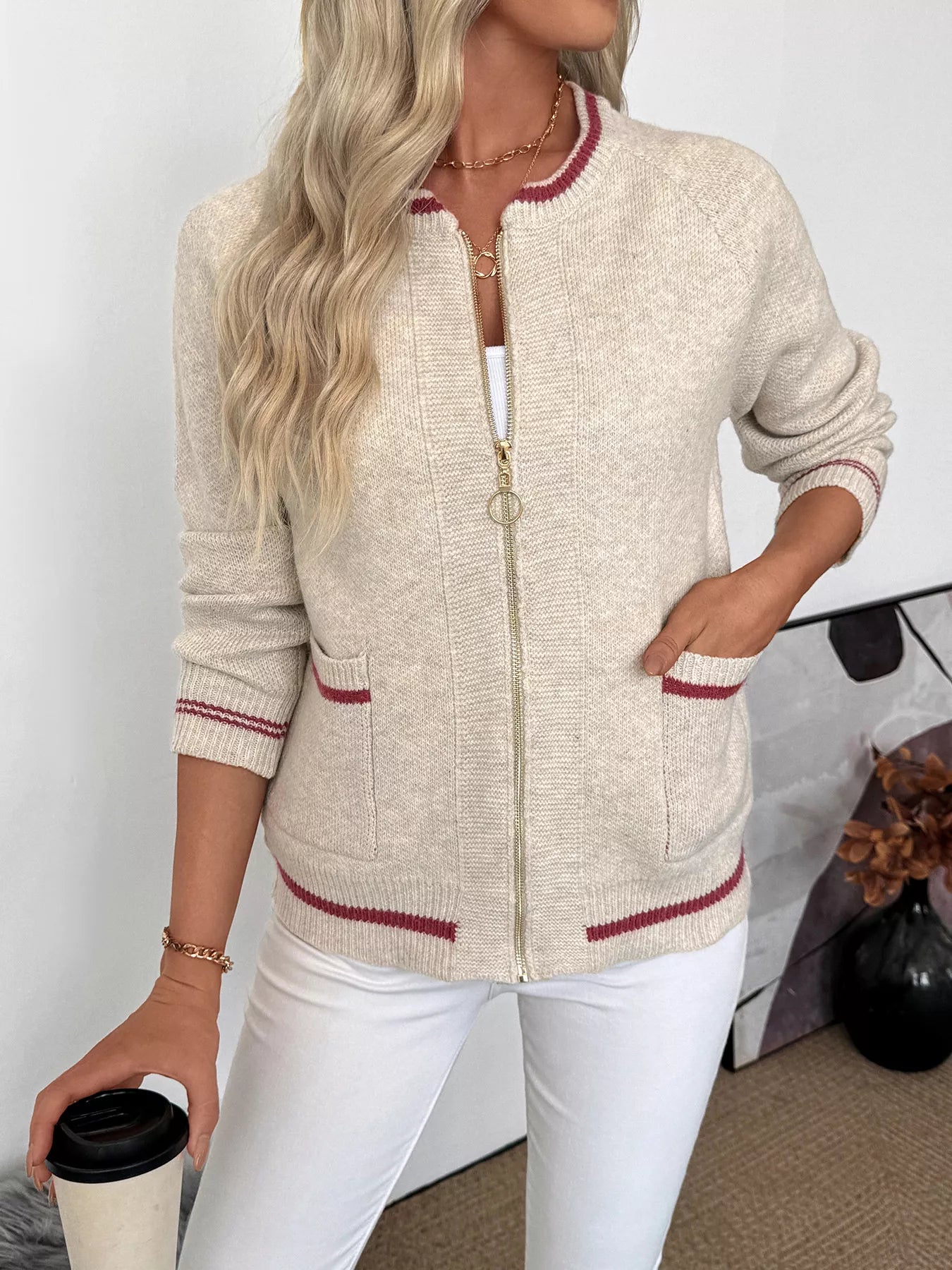 Zip-Up Contrast Trim Cardigan
