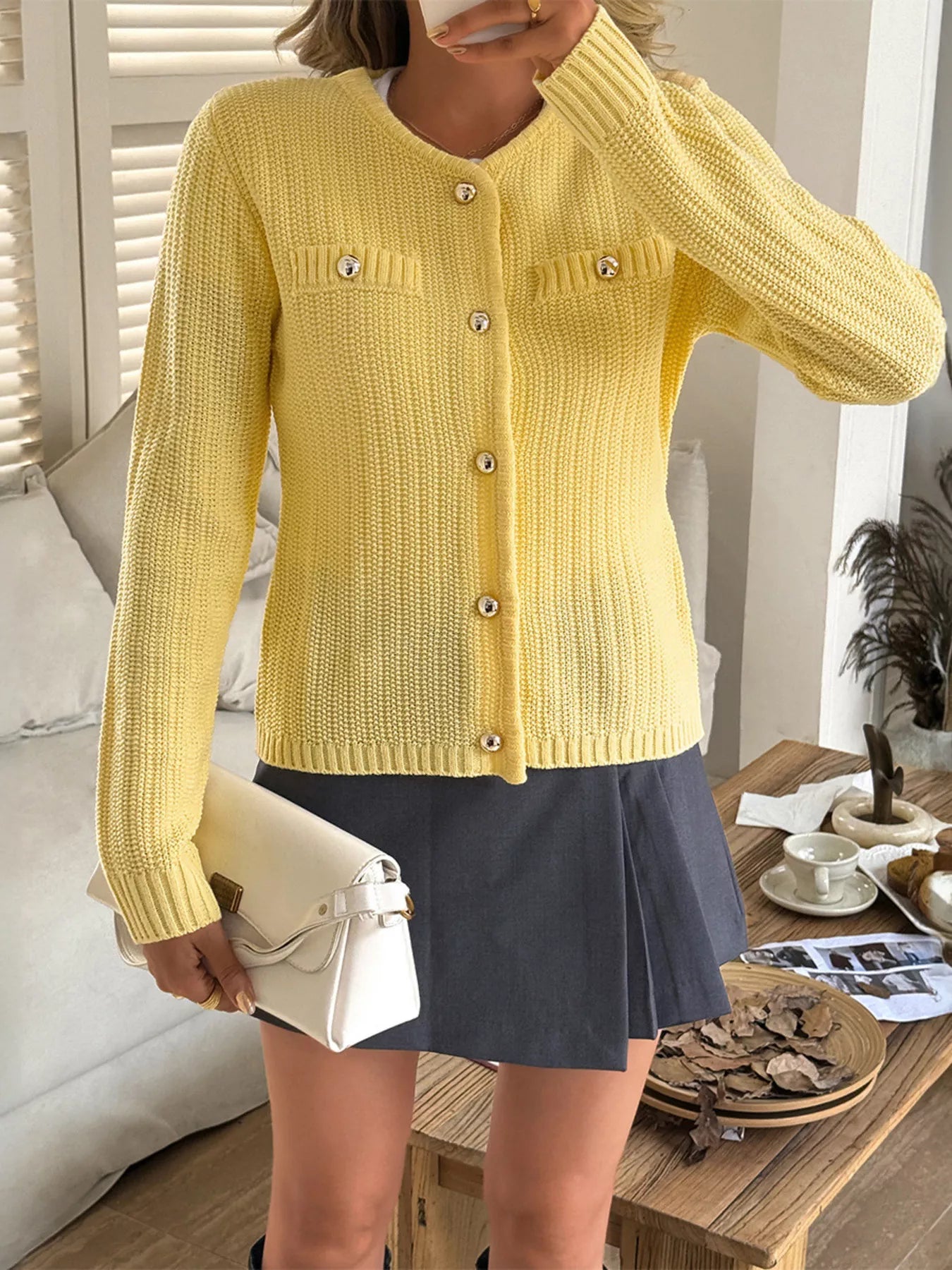Button-Front Ribbed Long Sleeve Cardigan